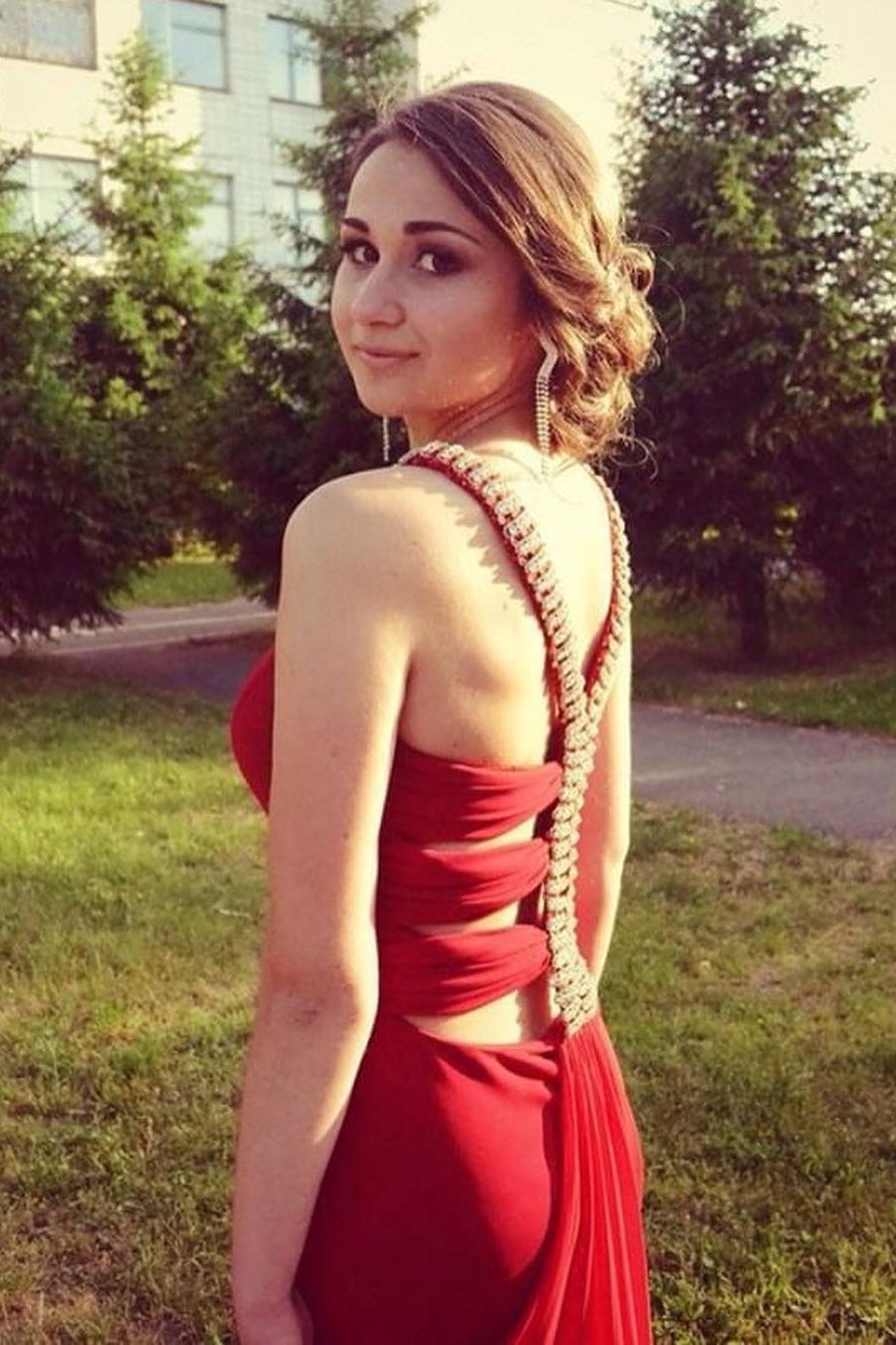 Simple Red Mermaid High Neck Prom Dresses Chiffon Open Back Evening Dresses WK542