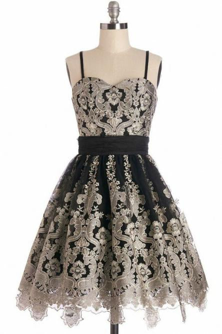 Simple Spaghetti Straps Black Tulle Vintage Homecoming Dress with Lace Appliques WK860