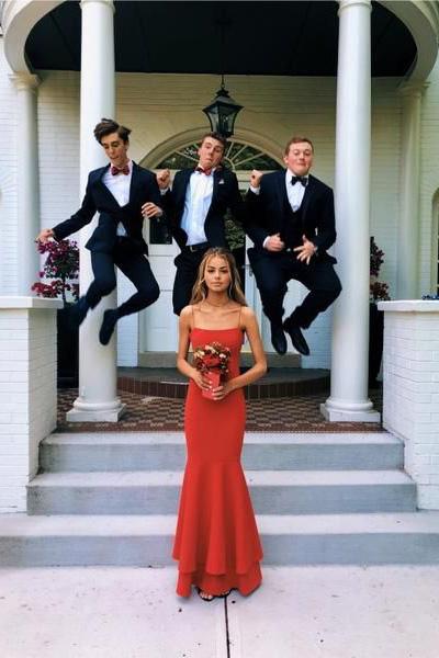 Simple Spaghetti Straps Red Mermaid Prom Dresses Red Thin Straps Formal Dresses WK928
