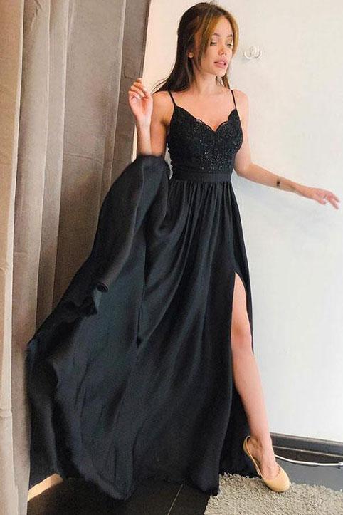 Simple Spaghetti Straps V Neck Lace Black Prom Dresses Side Slit Evening Dresses WK737