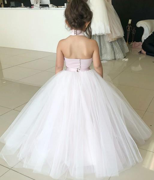 Simple Two Piece Ball Gown Halter Blush Pink Flower Girl Dresses with Appliques WK881