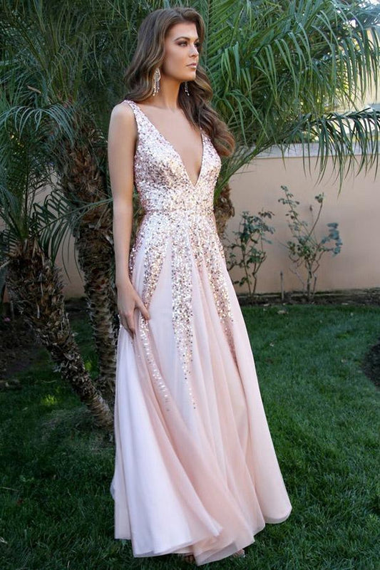 Simple V Neck Long A-line Pink Sequins Open Back Simple Flowy Prom Dresses WK405