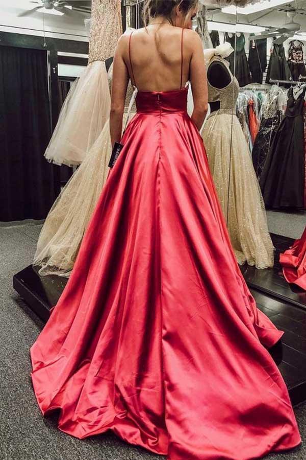 Simple V Neck Spaghetti Straps Red Satin Long Prom Dresses with Pockets Backless WK641