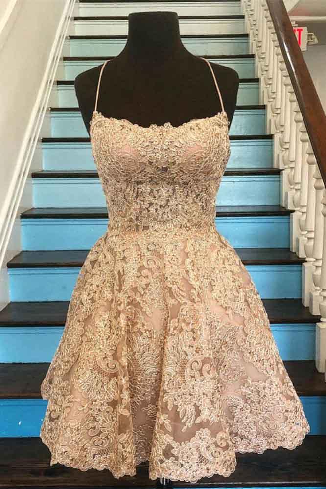Spaghetti Strap Vintage Gold Lace Applique Criss Cross Short Homecoming Dresses WK765