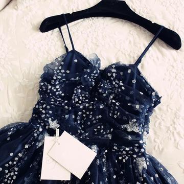 Spaghetti Straps Navy Blue Tulle Sweetheart Homecoming Dresses Short Prom Dresses WK755