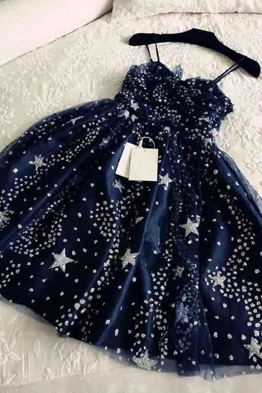 Spaghetti Straps Navy Blue Tulle Sweetheart Homecoming Dresses Short Prom Dresses WK755