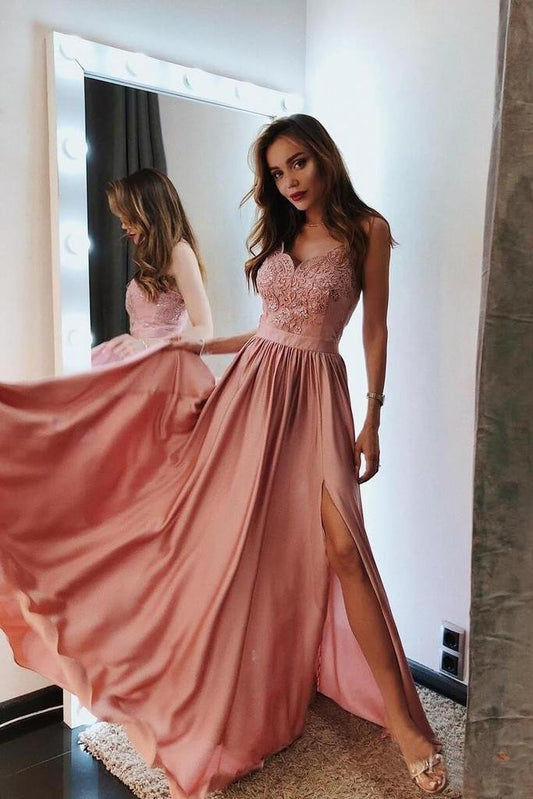 Spaghetti Straps Pink V Neck Prom Dresses Lace and Beaded Prom Dress with Slit WK741