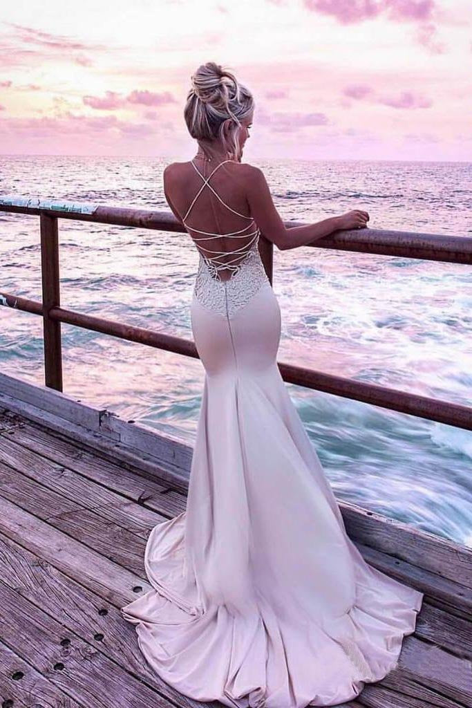 Spaghetti Straps V Neck Satin Prom Dresses Lace Criss Cross Mermaid Evening Dresses WK524