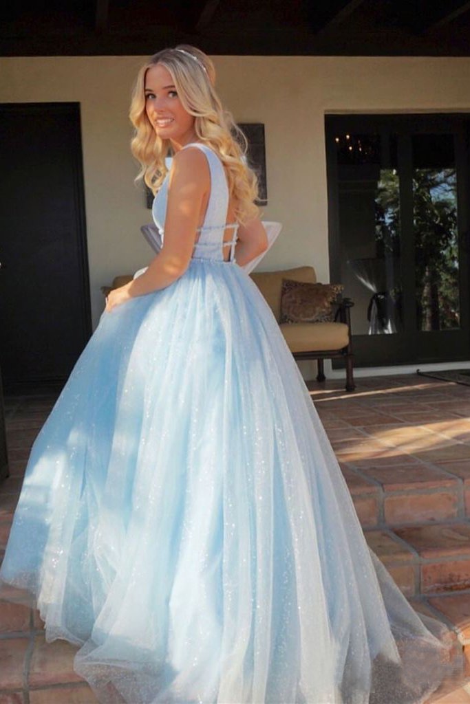 Sparkly Deep V Neck Long Beaded Backless Light Blue Prom Dresses Cheap Party Dress WK982