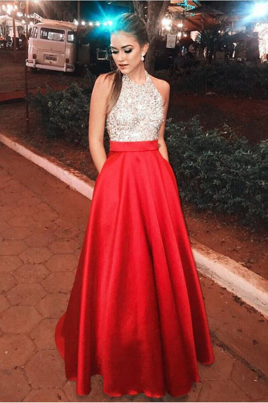 Sparkly Open Back Halter Beading Red Long Prom Dresses with Pockets Party Dresses WK403