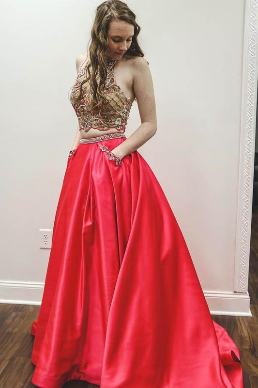 Sparkly Two Piece Beaded Satin Red High Neck Long Prom Dresses with Pockets WK742
