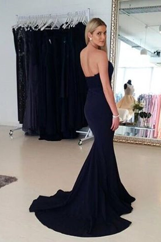 Strapless Mermaid Prom Gowns with Sweep Train Navy Blue Backless Prom Dresses WK488