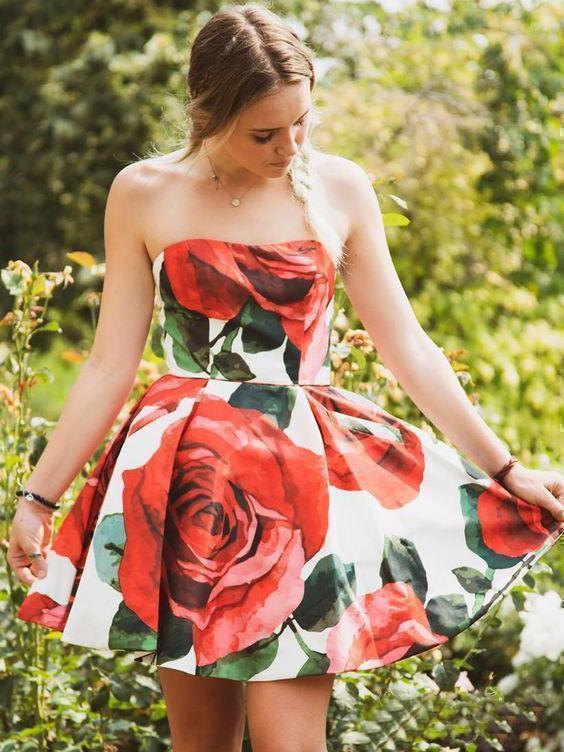 Strapless Red Floral Print Homecoming Dresses with Pockets Vintage Short Prom Dresses WK809