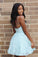 Straps A-line Short Blue V Neck Homecoming Dress Lace Appliques Backless Prom Dresses H1211