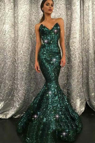 Sweetheart Mermaid Green Long Prom Dresses Strapless Sleeveless Evening Dresses WK471