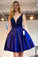 A-line V-neck Short Mini Satin Short Royal Blue Beaded Prom Dress Homecoming Dresses WK569