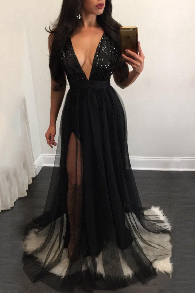 Elegant A Line Sequins Black Tulle V Neck Mesh Patchwork Pleated Maxi Prom Dresses WK629