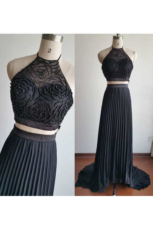 Gorgeous Halter Court Train Two Pieces Black Beads Chiffon Backless Prom Dresses WK776