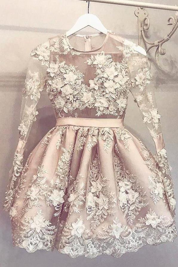 Hand-Made Flower Short Long Sleeves Appliques Lace Cute Prom Dress Homecoming Dress WK246