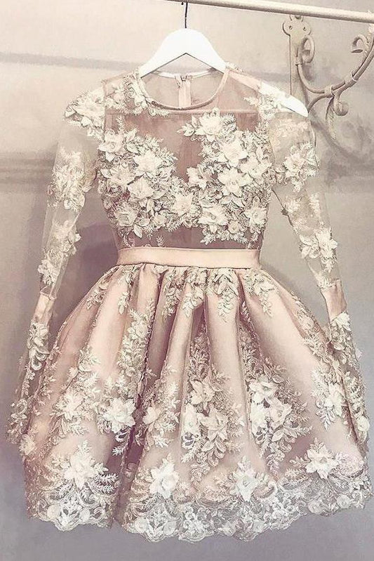 Hand-Made Flower Short Long Sleeves Appliques Lace Cute Prom Dress Homecoming Dress WK246