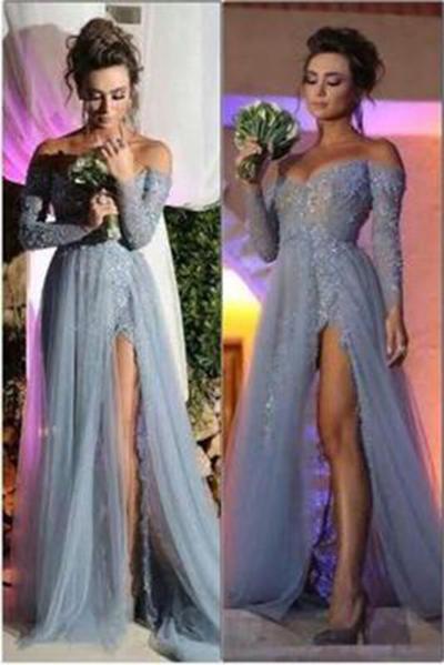 Charming Off the Shoulder Appliques Grey Long-Sleeves Evening Dress Elegant Prom Gowns WK79