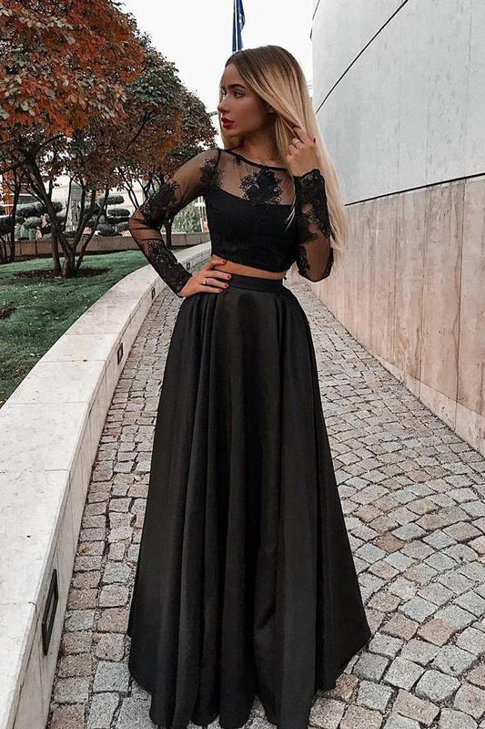 Two Piece Black Long Sleeve Scoop Jewel Appliques Prom Dresses with Satin WK683