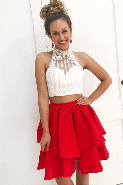 Two Piece High Neck Beads Red Sleeveless Tiered Homecoming Dresses Short Dresses WK868