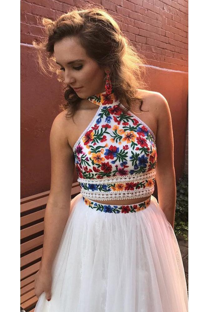 Two Pieces Embroidery Prom Dresses Unique Halter Open Back Formal Dress with Tulle P1041