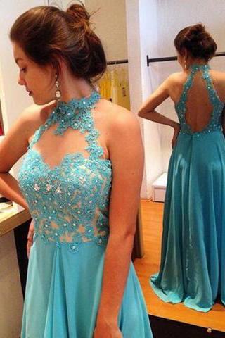 Stylish Halter Floor-Length Open Back Prom Dress with Beading Lace Top Prom Dresses WK584