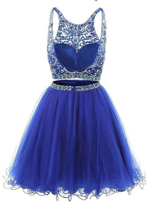 Jewel Neck Illusion Sequins Crystal Shining Two Piece Low Back Royal Blue Tulle Homecoming Dress WK877