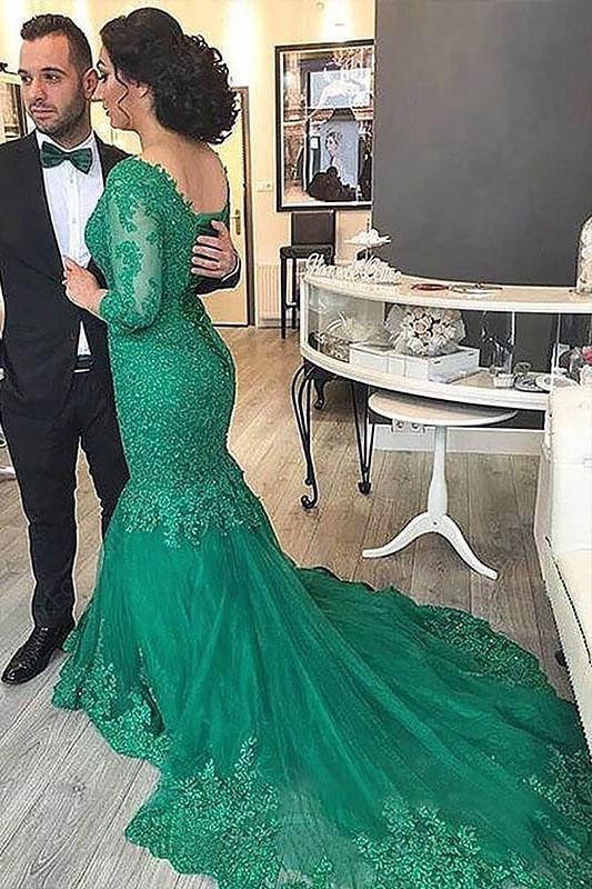 Sexy Green Mermaid V Neck Tulle Applique 3/4 Sleeves Sweep Train Plus Size Prom Dresses WK163