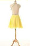 Dramatic A-line V-neck Short Chiffon Backless Daffodil Homecoming Dress with Rhinestone WK470