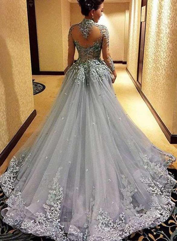 High Neck A-line Long Sleeve Tulle Appliques Sweep Train Long Prom Dresses WK416