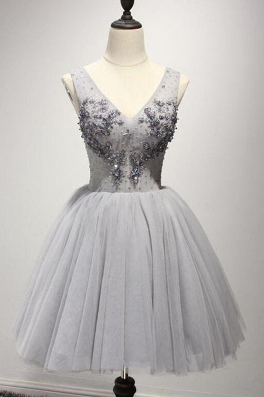 Grey V Neckline Short 2024 Party Prom Dresses Perfect Sweet 16 Dress H34