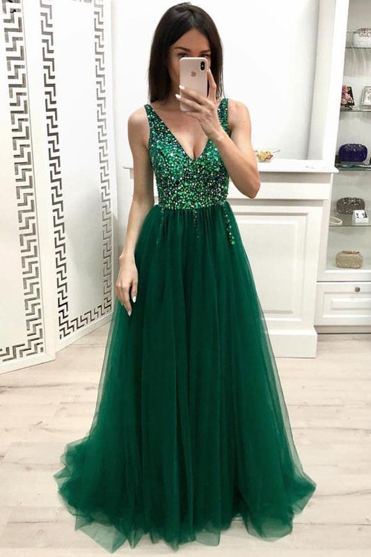 Unique A Line V Neck Beading Prom Dresses Long Tulle Green Evening Dresses WK893