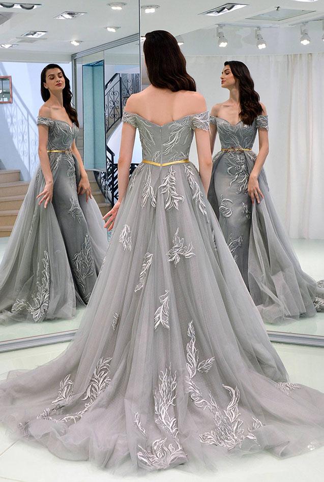 A-Line Appliques Off-the-Shoulder Gray Evening Dress With Sashes Long Tulle Prom Dresses WK676