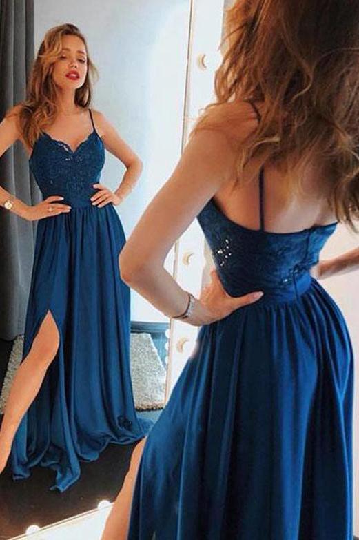 Unique Blue Spaghetti Straps Lace Prom Dresses Satin Sweetheart Side Slit Party Dress WK563