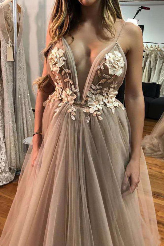 Unique Floral Embroidered V Neck Backless Spaghetti Straps Prom Dresses with Flowers WK974