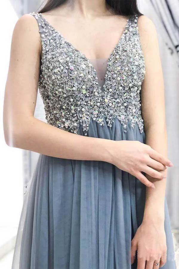 Unique Grey Beads Long Prom Dresses V Neck Tulle Cheap Evening Dresses WK637