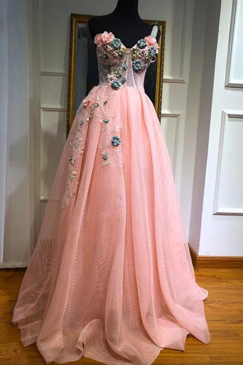 Unique One Shoulder Pink Prom Dresses Appliques Sweetheart Long Party Dresses WK568