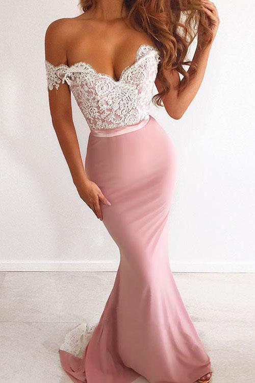 Unique Pink Off the Shoulder Mermaid Lace Long Prom Dresses Cheap Party Dresses P1127