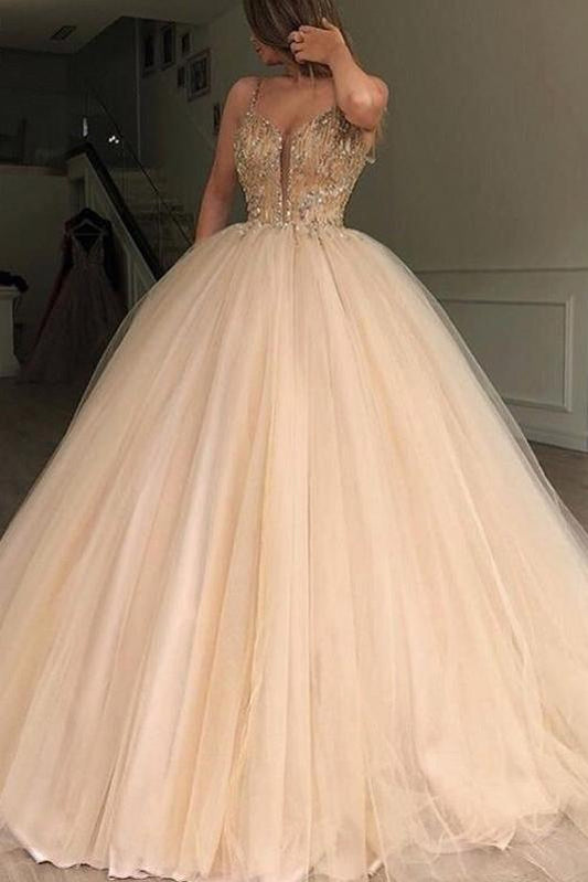 Unique Spaghetti Straps V Neck Beads Ball Gown Tulle Prom Dresses Quinceanera Dresses P1112