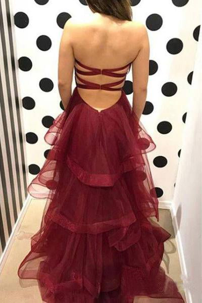 Unique Sweetheart Burgundy Ruffles Organza Layered Skirt Prom Dresses WK439