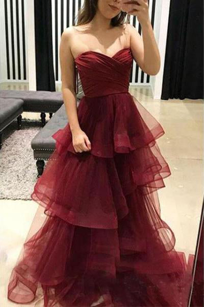 Unique Sweetheart Burgundy Ruffles Organza Layered Skirt Prom Dresses WK439