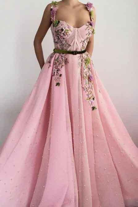 Unique Sweetheart Spaghetti Straps Prom Dresses with Flowers Pockets WK751