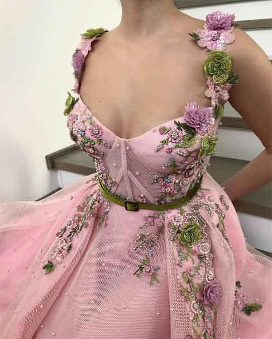 Unique Sweetheart Spaghetti Straps Prom Dresses with Flowers Pockets WK751
