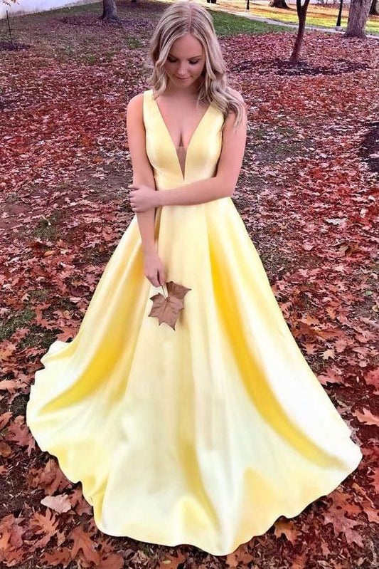 Unique Yellow Satin Prom Dresses with V Neck V Back Straps Long Formal Dresses WK486