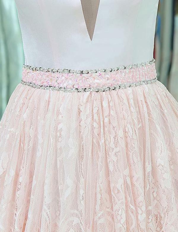 V-Neck Sleeveless Lace Long Pink Prom Dresses With Beading Tiered Evening Dress WK460