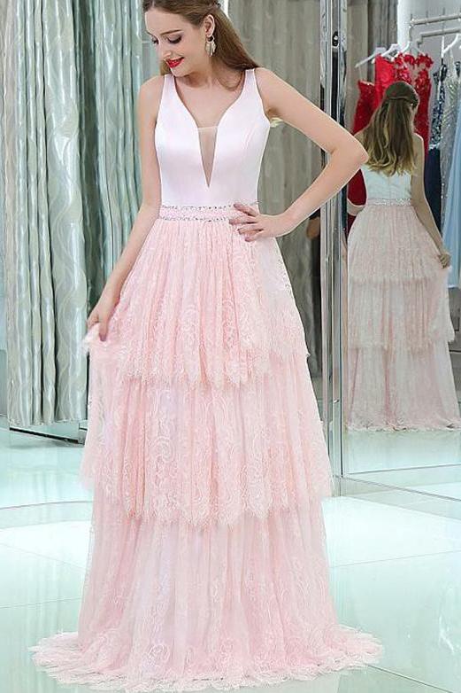 V-Neck Sleeveless Lace Long Pink Prom Dresses With Beading Tiered Evening Dress WK460