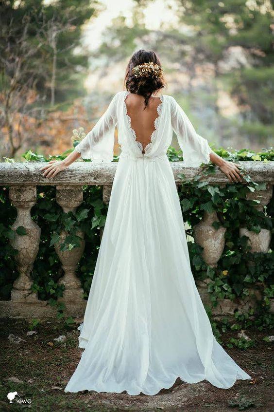 Chiffon Elegant Sexy Long Sleeves and Flirty P-a-boo Back Wedding Dress WK67